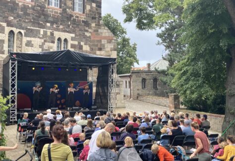 Vier verkleidete Menschen stehen auf einer Bühne vor vielen Menschen im Domgarten