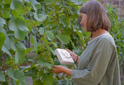 Eine Frau vergleicht ihr Relief mit einem Weinblatt