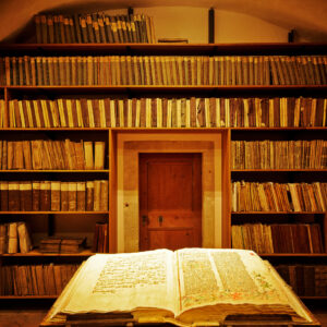 Ein aufgeschlagenes historisches Buch liegt vor einem Bücherregal mit einer Tür