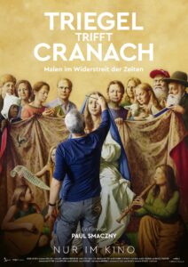 Filmplakate "Triegel trifft Cranach", Triegel steht vor seinem Kunstwerk und schaut auf die Maria